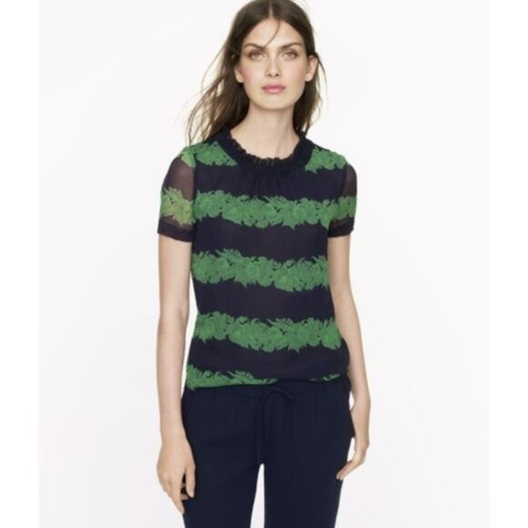 J.Crew Ruffle Crew Neck Top WMN 4 Navy Blue/Green Beanstalk Stripe A9171 Blouse - Picture 2 of 11